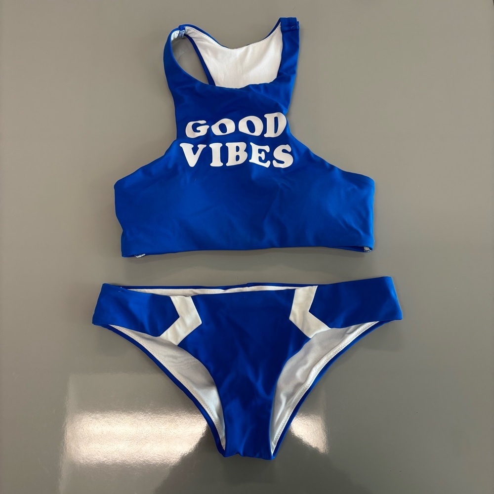 PINK Victoria's Secret Good Vibes Blue and White Bikini. Size XSmall